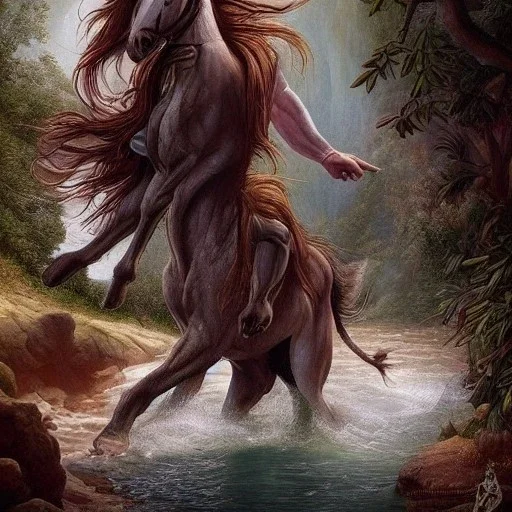 Beautiful Centaur.Creature of a combination of a half human:: man and a half horse. Arrives into Acheron River, insanely detailed and intricate, colourful, abstract,fantasy,hyperrealism, delicate, high definition, detailed, complex, triadic vibrant colour,artistic,beautiful creauture, by Tom Bagshaw,Asher Brown Durand, Anna Dittmann, Dan Mumford, Magali Villeneuve,Christoper Lovell,