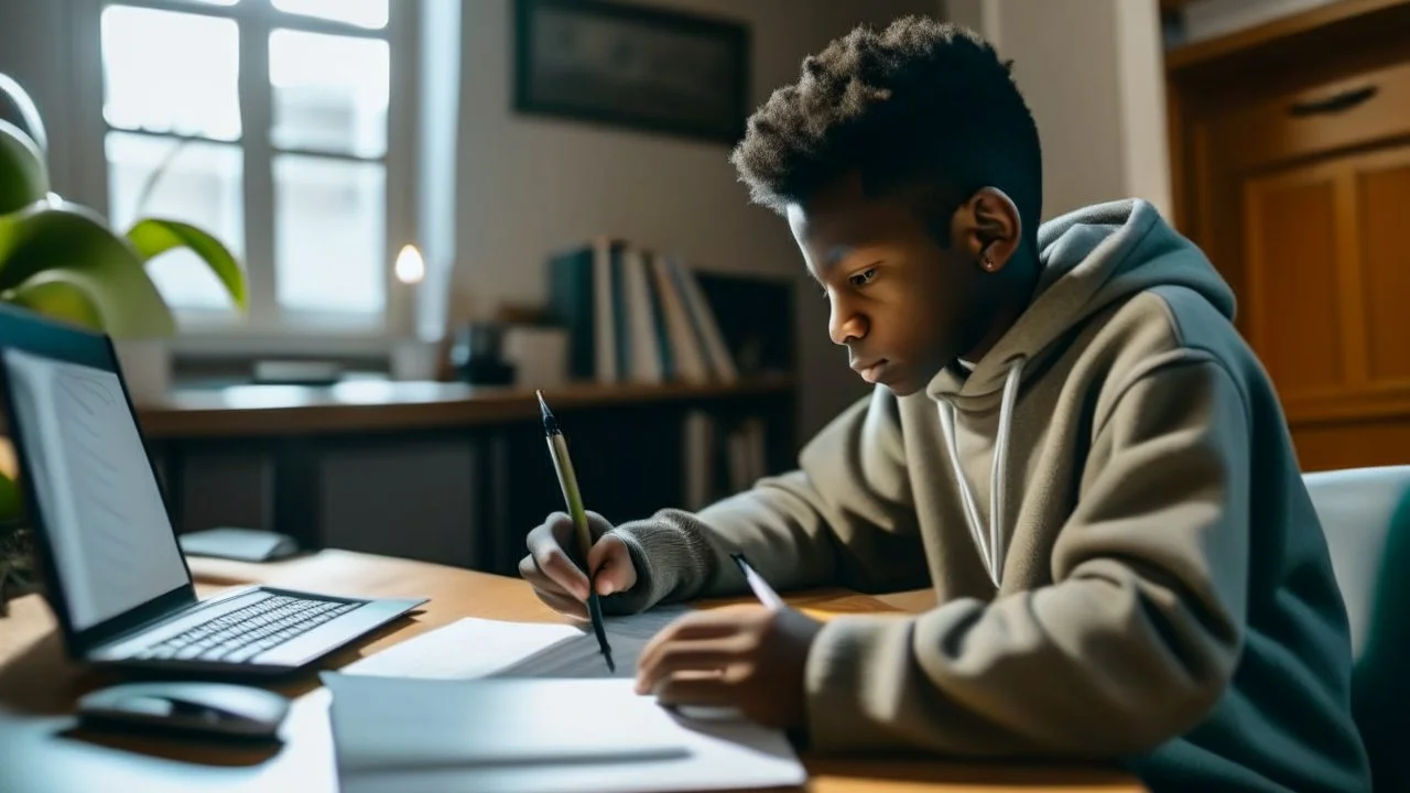 The image for the article depicts a young person sitting in front of a laptop in a well-lit room filled with natural light. The individual appears entirely focused on the process of online learning, holding a pen in their hand and jotting down important notes. On the screen in front of them, an educational interface can be seen, featuring a variety of learning materials, including e-books and educational videos. The image conveys the concept of self-directed learning and personal development thr
