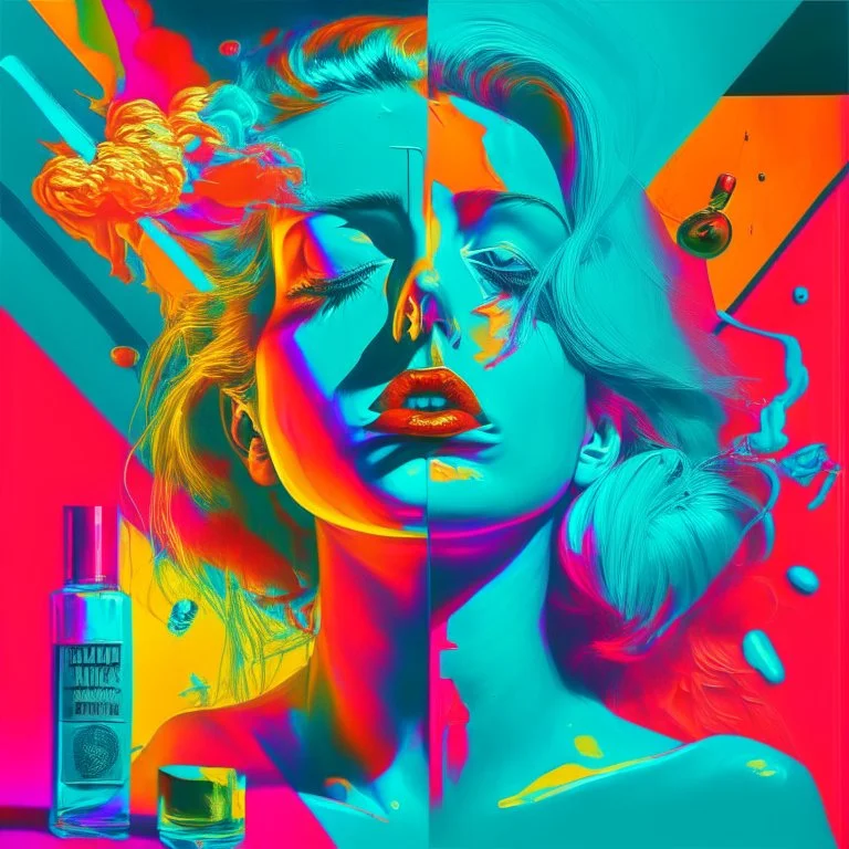 Depict a composition with contrasting elements representing the allure and temptation of drugs. Use bold colors and strong visual contrasts to create tension.