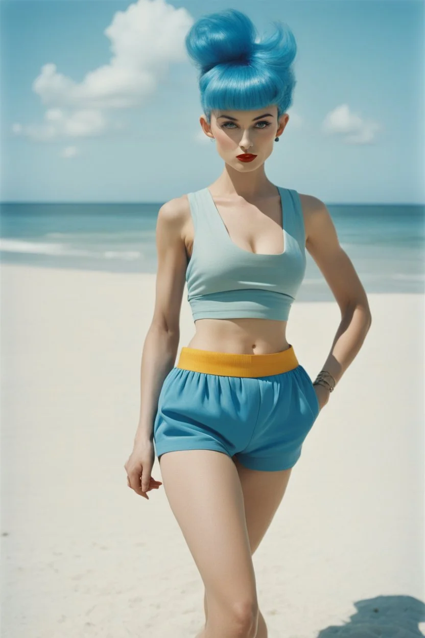 [photo by Norman Parkinson] blue hair Bulma from dragon ball, in her crop top and high-waisted balloon shorts for Vogue UK, 1950 special summer beach issue on capsule corp