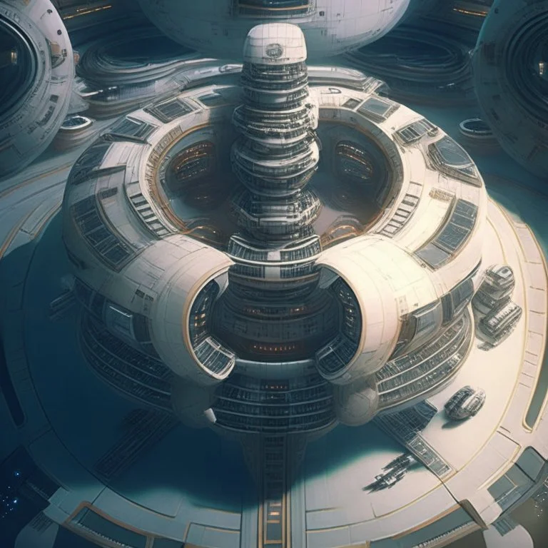 large cylindrical detailed multi-floored Spacestation with spaceships docking