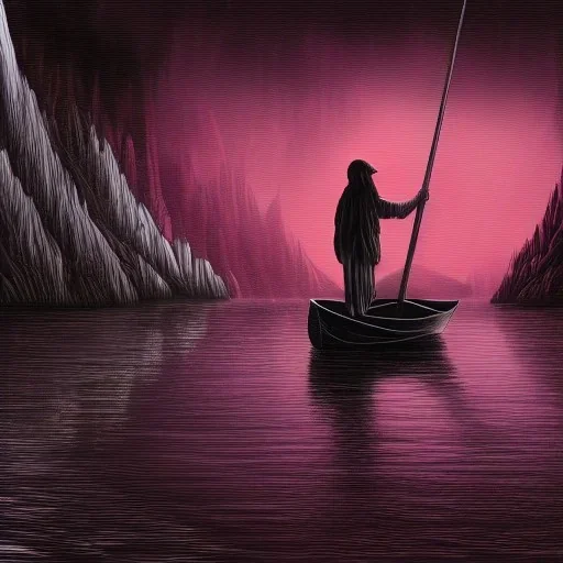 Charon the ferryman in his boat on the river Styx, red black purple colours, 8k, high definition, fantasy art, winding river, sharp jagged rocks, high contrast colours, sharp colours