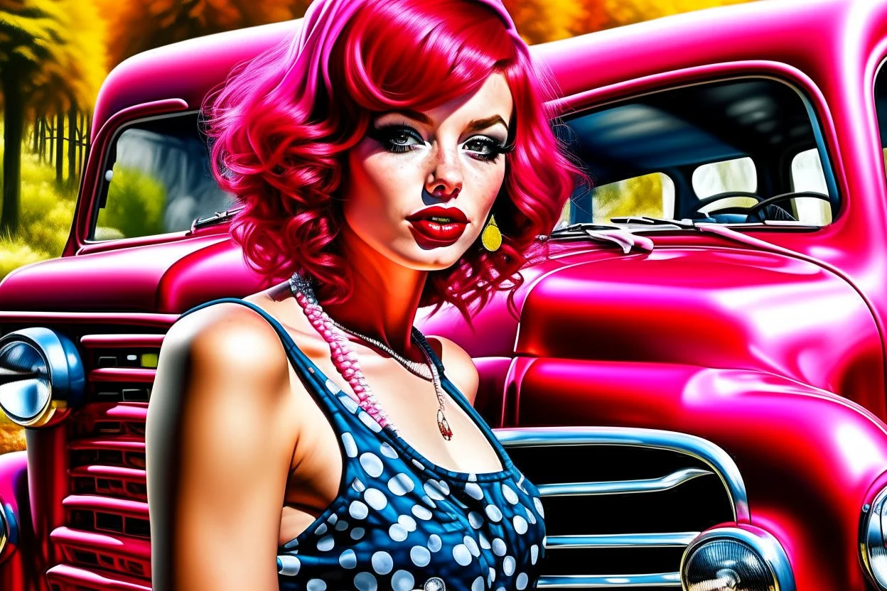 digital glossy airbrush realistic painting of a woman with fuscia pink wavy bob hair style with bangs, red lips, long lashes, wearing pearl jewelry, black and white polka dot dress, bare feet leaning on an old rusted Ford pickup truck, old rustic red barn in the background with redbud trees, with vibrant colors, glitter overlays, and bokeh effects, incorporating iridescent elements and a highly textured style to create an ethereal atmosphere.