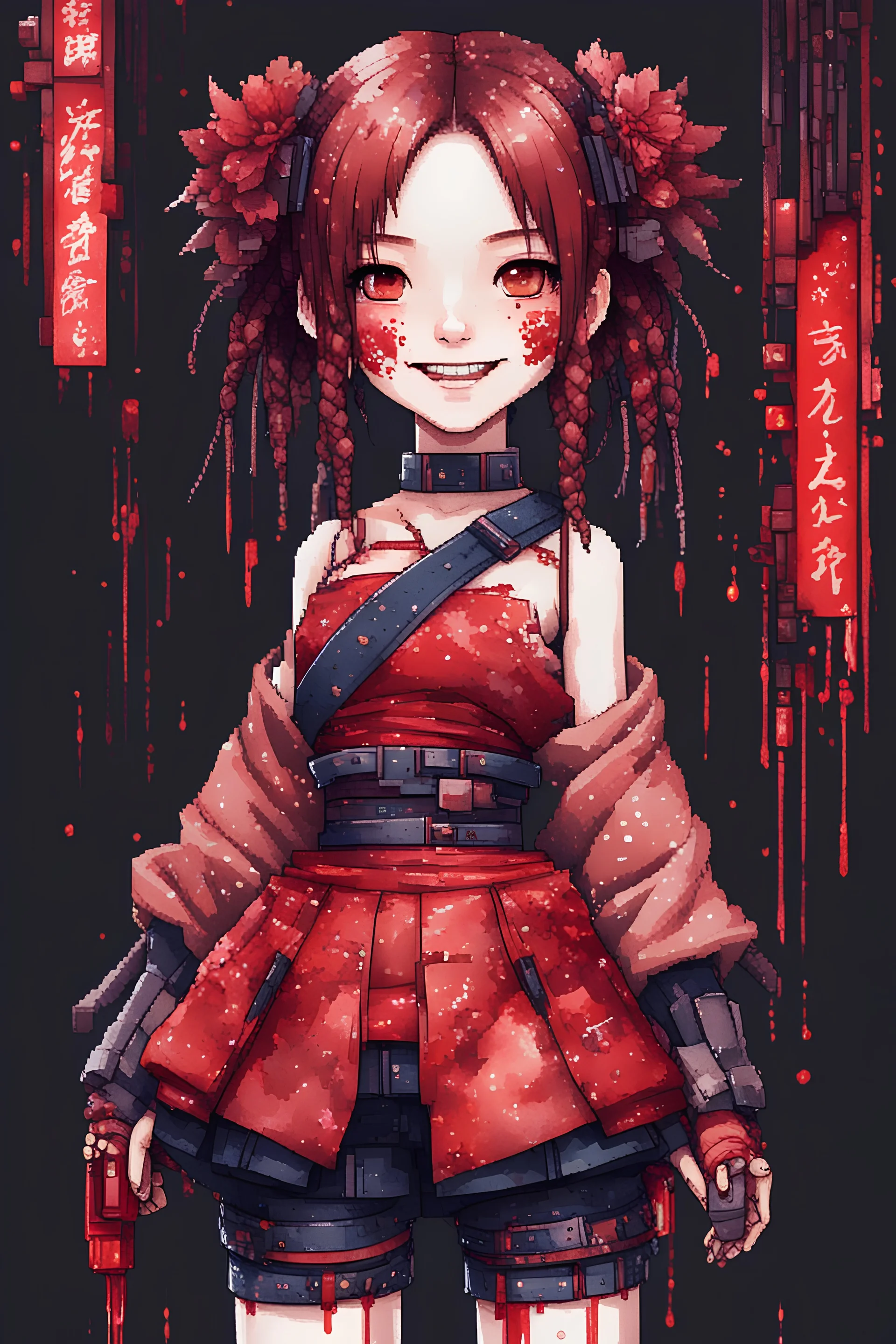 anormal, smile, blood, girl cute, full body, beautiful cyberpunk petit girl, hyperdetailed, behind made 8bits and Pixel Art, watercolor illustration by <Katsushika Hokusai>, darkred tones,