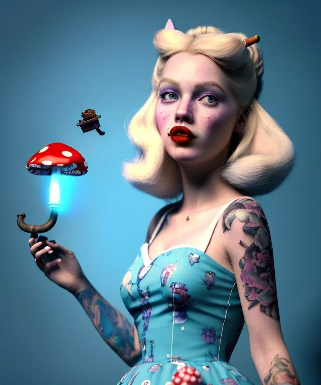 Ultra realistic portrait, wonderland, happy blonde Alice smoking a pipe, blue dress accompanied by elegant anthropomorphic white rabbit, circus dress style, old school tattoo, laughter, smoke, marijuana garden, mushroom lamps, glow eyes, perfect iris, soft color, highly detailed, unreal engine 5, ray tracing, RTX, lumen lighting, ultra detail, volumetric lighting, high definition.