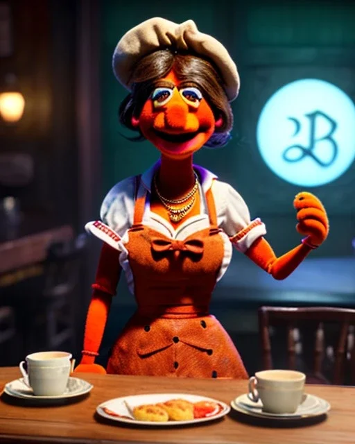 waitress woman with muppet mask that covers her entire head, retro style, Sesame Street style, smooth, unreal engine 5, god lights, ray tracing, RTX, lumen lighting, ultra detail, volumetric lighting, 3d.