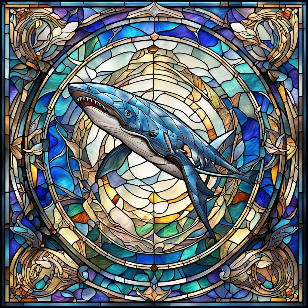 Art Deco style stained glass window of an iridescent Great wite shark , modern stained glass design, dramatic elaborate design, hyperdetailed, 8k resolution, bright colors, blue hues, 3d liquid detailing, intricate and fluid design,