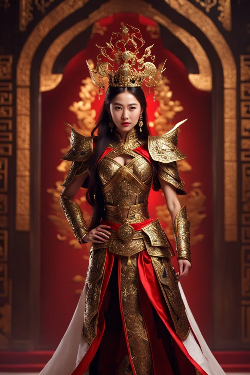 Realistic photography,front view, Beautiful Queen Warrior super model Chinese Woman, brown hair,dressing luxury party gown,looking at viewer,traditional dress ornaments mechanical armor china traditional, intricate armor, delicate golden shine bright, black metalic parts, detailed part, jewelry diamonds,dynamic pose,abstrac background, dynamic lighting, red hour, full body portrait