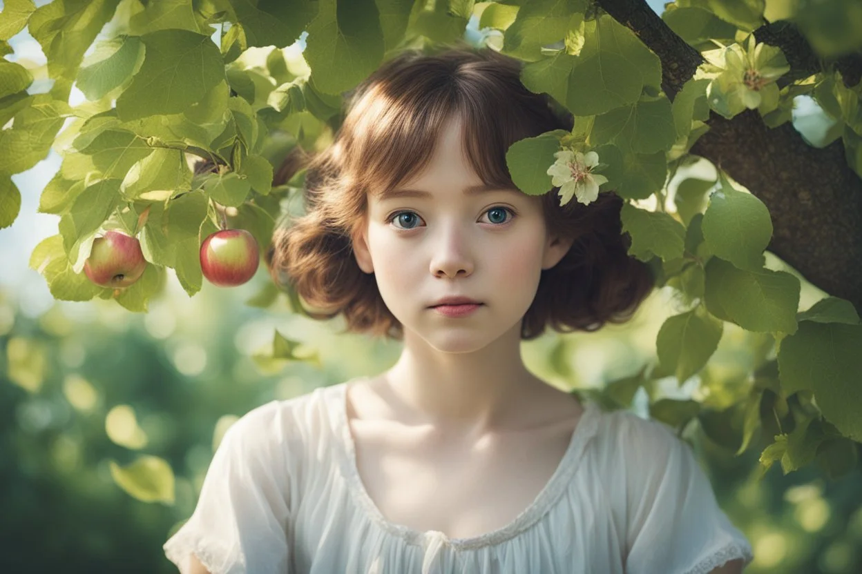 portrait of under an apple tree in summer. like studio ghibli