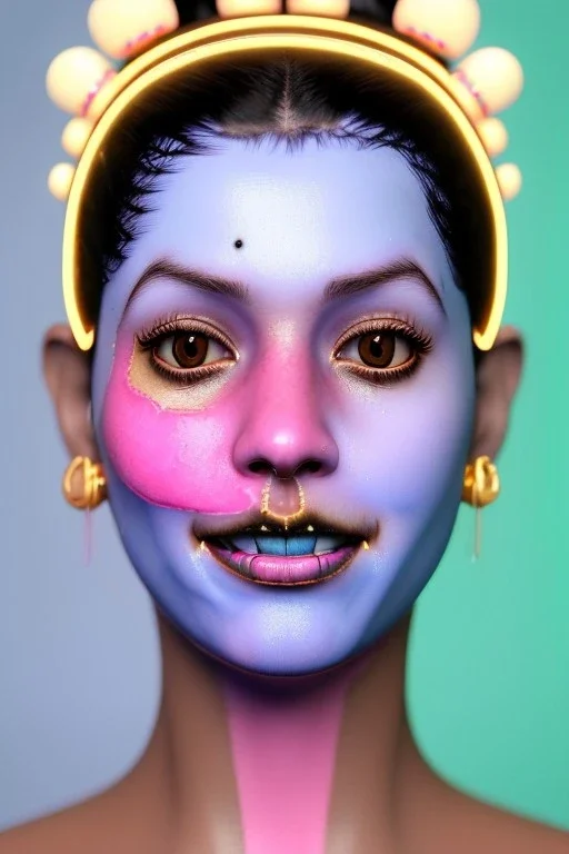 Ultra Realistic image, Rosalía artist, smile portrait, waist up portrait, long black eye line, sweet face, gold pink and blue geisha style, spray glow make up, led lights, neon, gold piercing nose, gold teeth, led ornament, glow pink iris, fog, oversized bubble latex coat, vibrant color, highly detailed, art stations, concept art, smooth, unreal engine 5, god rays, ray tracing, RTX, lumen lighting, ultra detail, volumetric lighting, 3d, finely drawn, high definition, high resolution.