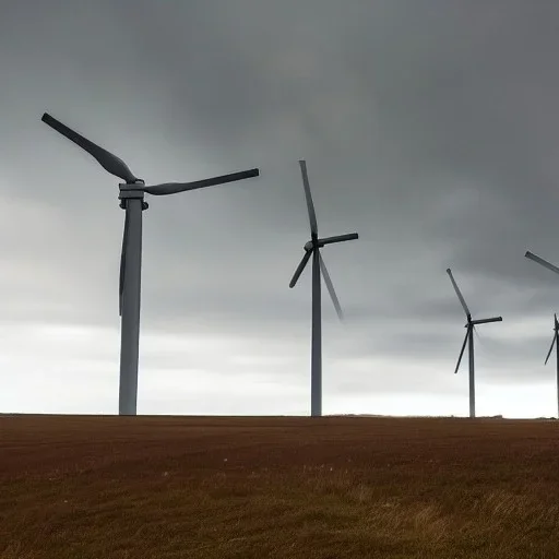 Thousands vertical wind turbines. Heavy cold rain. Strong wind. An engineer looking up. Futuristic scenary. Metallic mist.