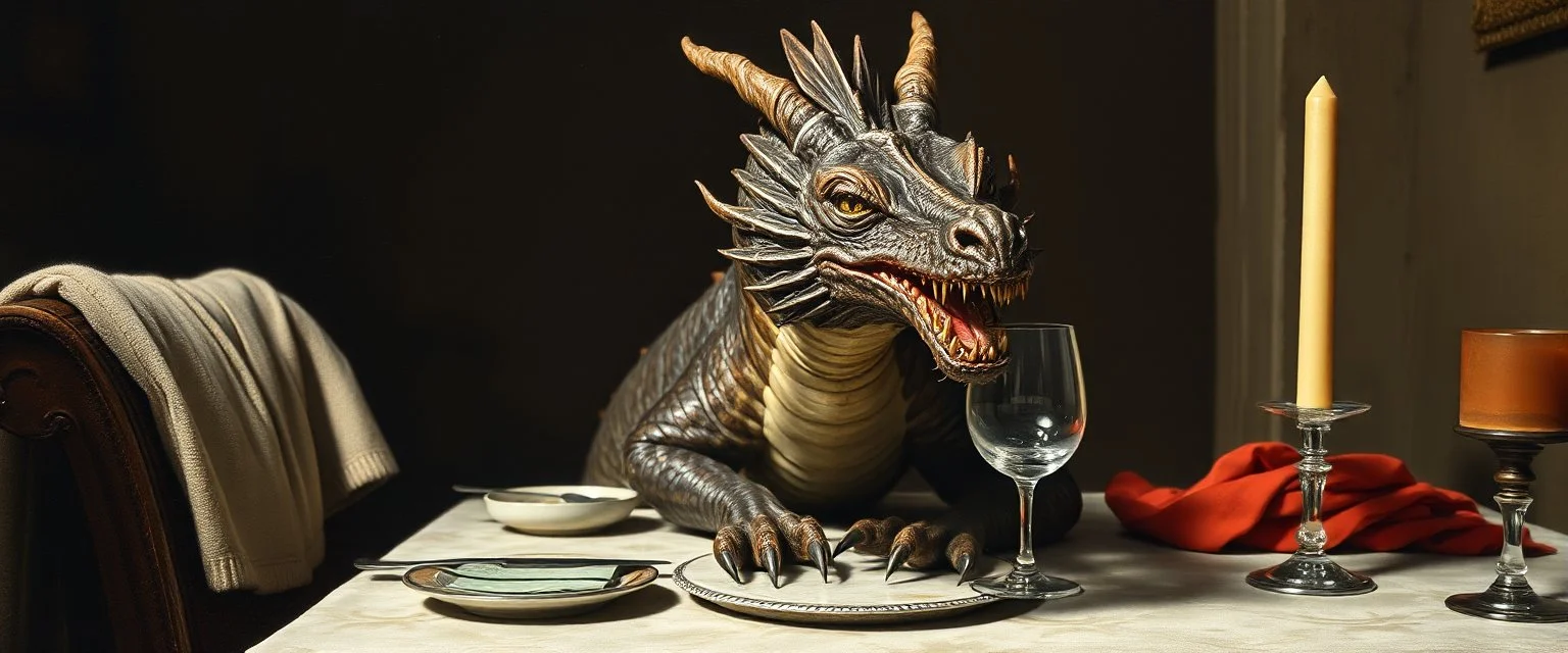 close up portrait painted by Rembrandt, stupid looking dragon with wrong proportions on dinner table