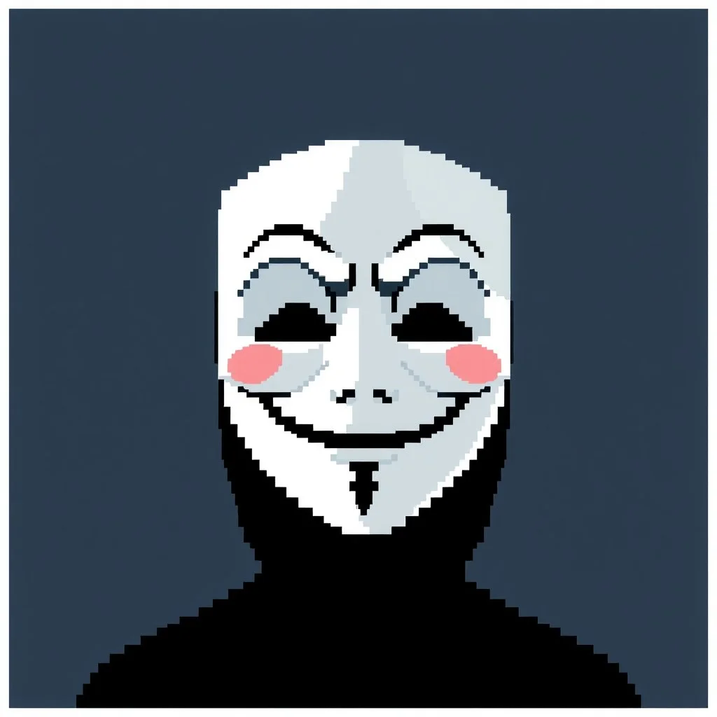 8 bit pixelart of a shadow figure with a white smooth wide smiling mask , noseless opera mask, no nose holes, no nose