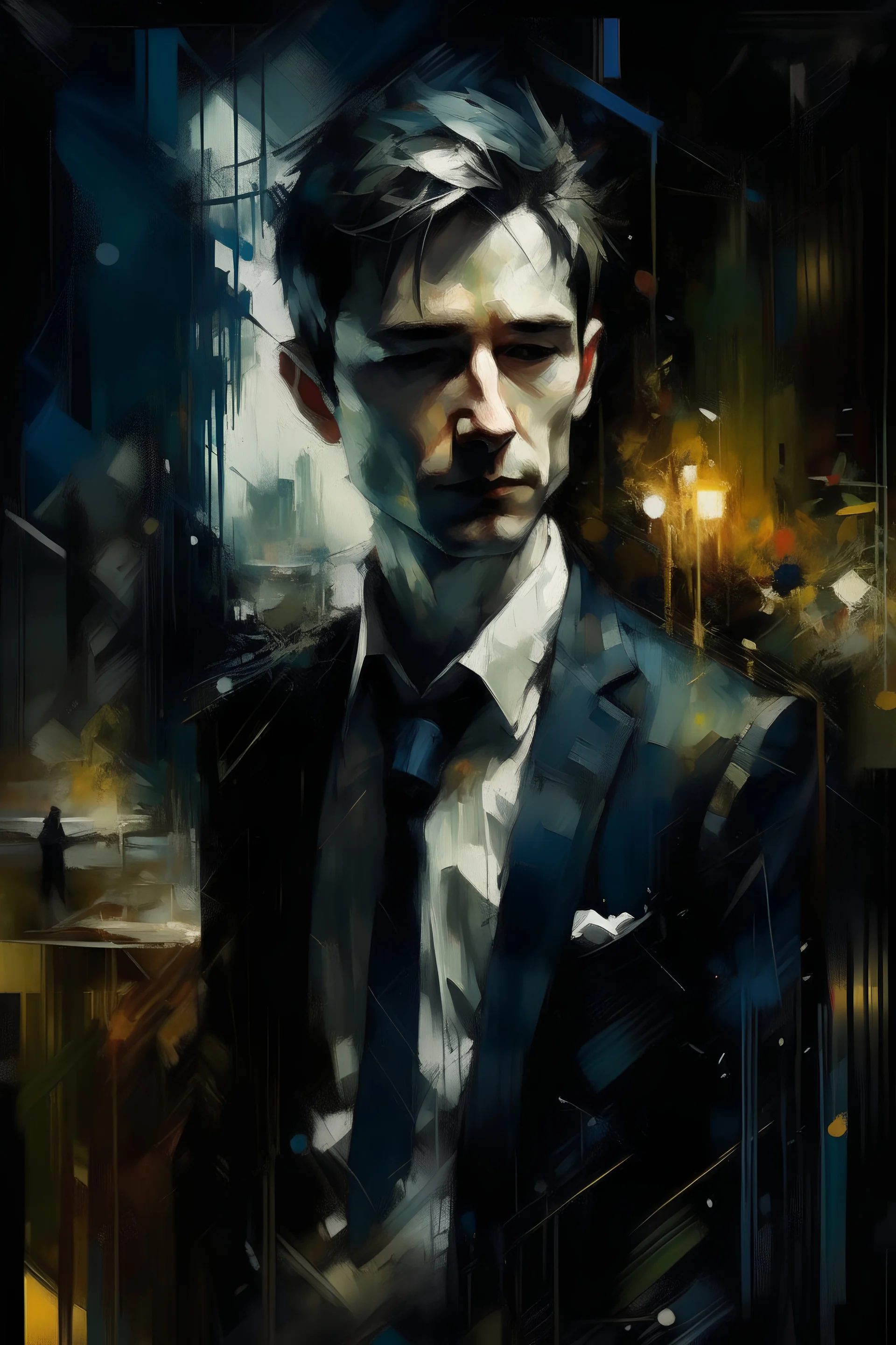 a night club owner looking over a busy club, dressed in a suit, no tie, slightly graying hair :: dark mysterious esoteric atmosphere :: digital matt painting with rough paint strokes by Jeremy Mann + Carne Griffiths + Leonid Afremov, black canvas