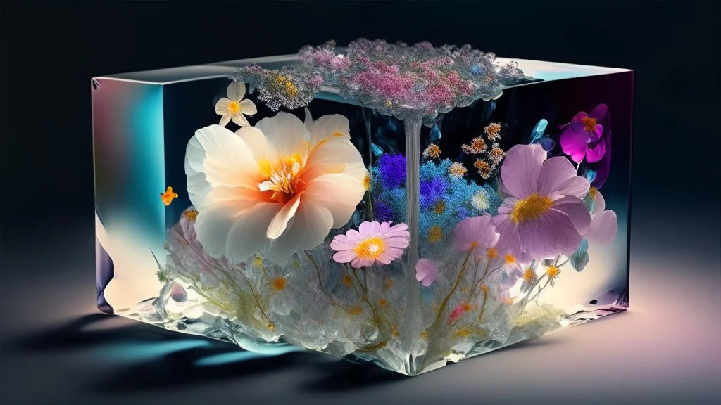 Flowers in a crystal cube