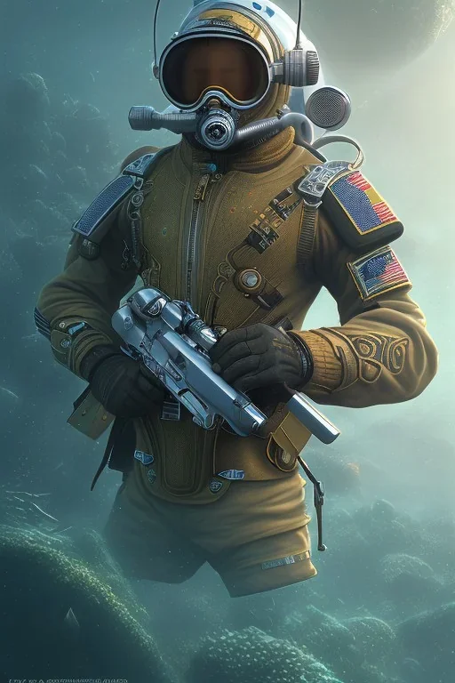 diver like a solder,with the gun,hi quality detail,hi quality textures,cinematic,realistic,aggressive,cosmic