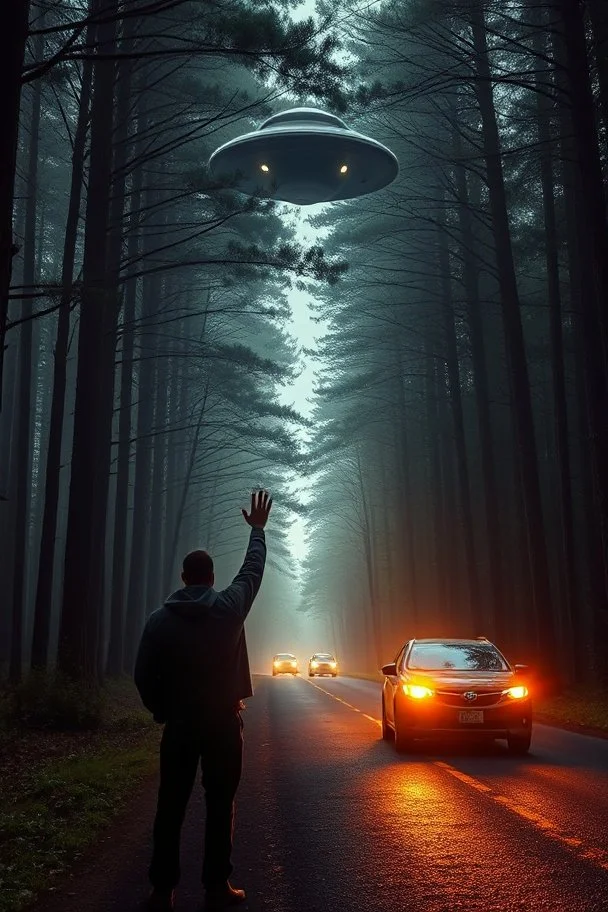 Fantasy forest road a man with hood waiting for a ride raising one hand to the driver to stop on the side of the road car did not stop ufo hovering above the car