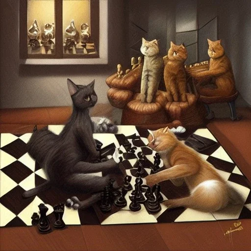 Cats playing chess on floor, Fantasy art, Dystopian