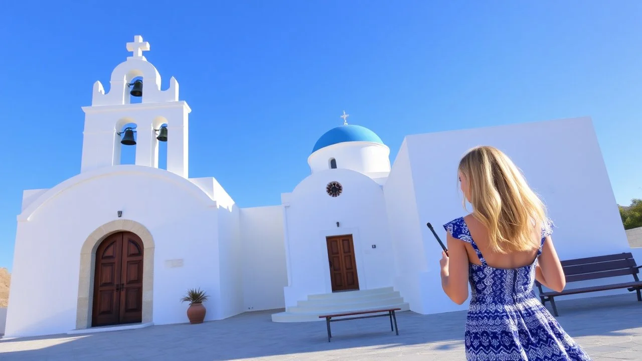 Picturesque scene of a traditional Greek Orthodox church with a white facade and a striking blue dome, set against a clear blue sky. The church features a bell tower with multiple arches and bells, and a wooden door adorned with intricate carvings. A woman with light skin and blonde hair, wearing a blue and white dress, is walking away from the camera towards the church, holding a selfie stick. The ground is paved with light-colored stones, and there are a few potted plants and a bench on the le