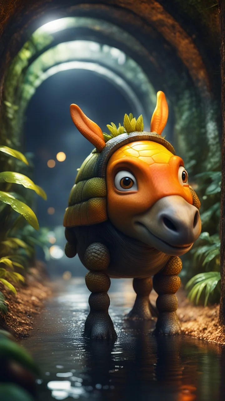 close up, magazine cover, smiling with front teeth, metallic yellow orange donkey turtle with friendly cute face and hair locks in dark lit reflective wet jungle metallic hall dome hotel tunnel, in the style of a game,bokeh like f/0.8, tilt-shift lens 8k, high detail, smooth render, down-light, unreal engine, prize winning