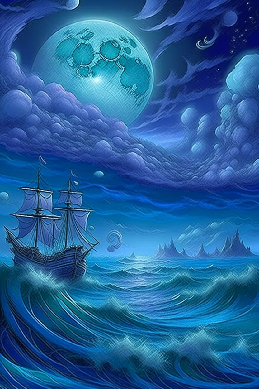 raging sea, blue-white, airy, wind, clouds of smoke, epic, fabulous landscape,3D,horror, 16k,surrealism,detailed drawing of details, transparent watercolor, clear outline, starfall, beautiful night landscape, dark fantasy, blue, white, lilac, neon, detailed, engraving, color illustration, star map, moon, stars, space