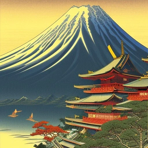 Ukiyo-e Style , mount fuji, sun