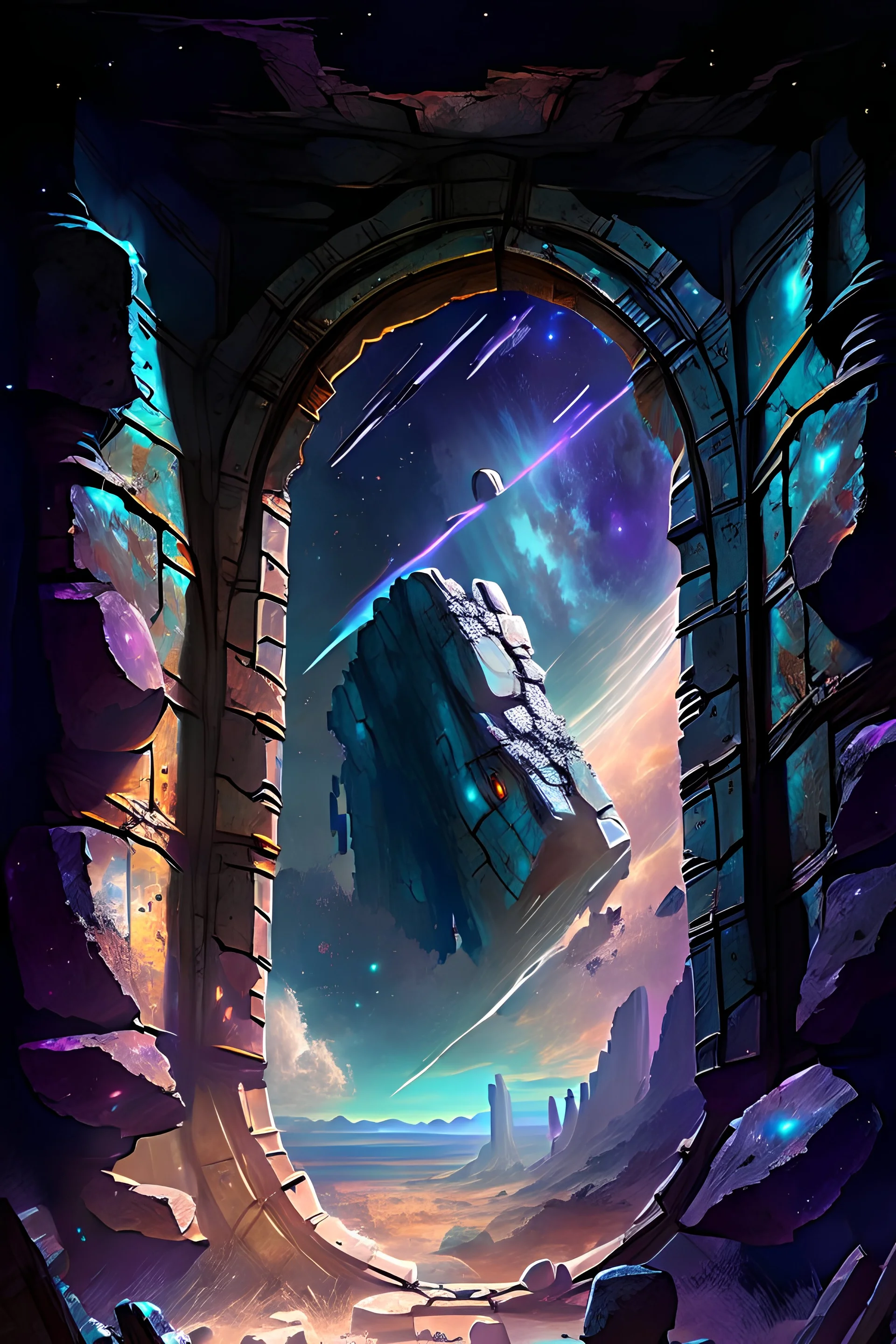 Ancient stone alien ruin in space with huge window looking out into a supernova rpg art painterly