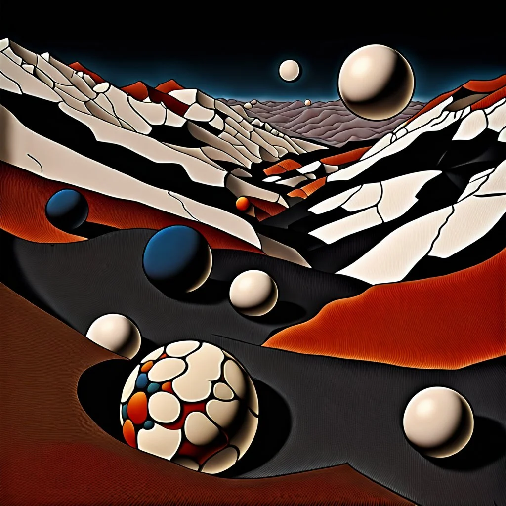 Spooky detailed landscape, strong texture, extreme detail, high contrast, rich colours, Egon Schiele, spheres, 3d, 4k