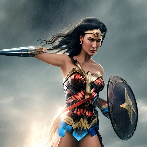 Wonder woman fighting a insect, futuristic design, rain in background, close-up face, geometric armor, female face, 3d unreal engine, black face, close up armor, church detail, lovely face