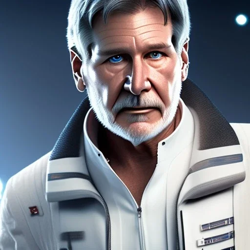 handsome cosmic harrison ford, white hair in the wind, blue eyes, white beard, no moustache, large forehead, scifi suit, perfect composition, super detailed, 8k, high quality, intricate details, highly detailed, lights in background, octane render