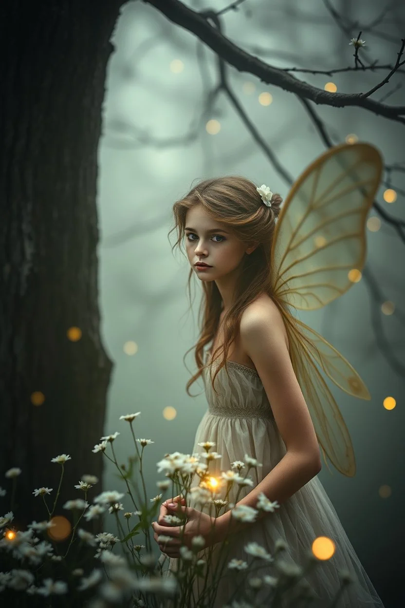 Extremely realistic photo of fairy in front of a tree with white tiny flowers and fireflies , fog, general foul weather, (Rembrandt Lighting), zeiss lens, ultra realistic, (high detailed skin:1.2), 8k uhd, dslr, Dramatic Rim light, high quality, Fujifilm XT3, artwork in pale distressed tones , minimalistic approach, blends old world aesthetics art with elements of distressed painting and illustration, shadow play, high conceptuality, palette inspired by Charlene Mc Nally, Carne Grif