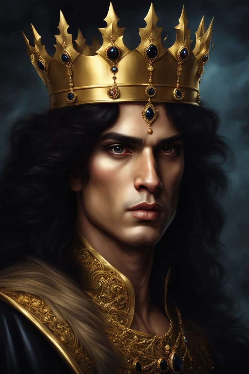 Gothic Gold framed painted portrait of a King wearing a gold crown. His hair is long and dark and he has dark eyes, dak fantasy