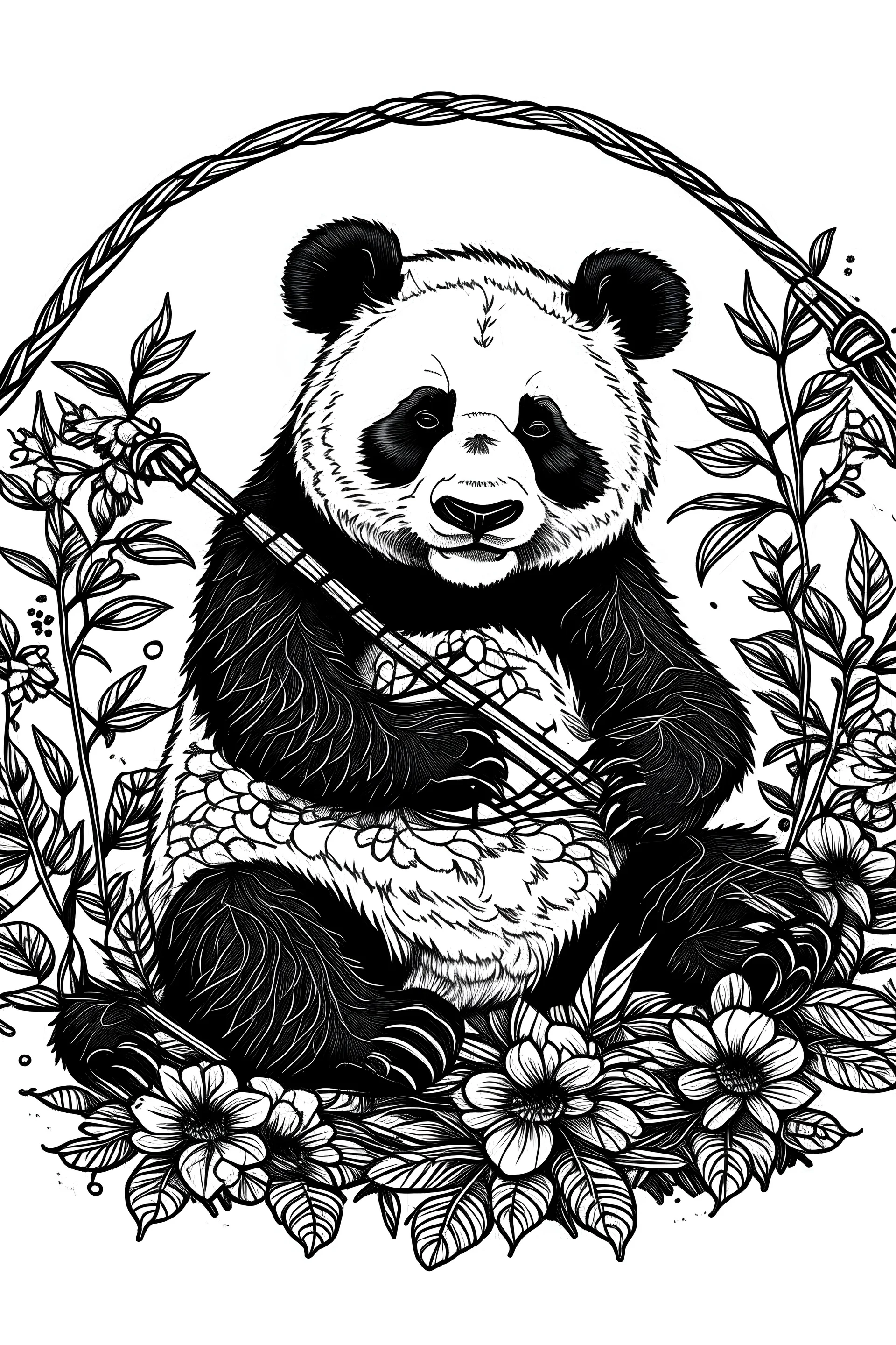 mandala panda eating a bamboo: black and white with white background.