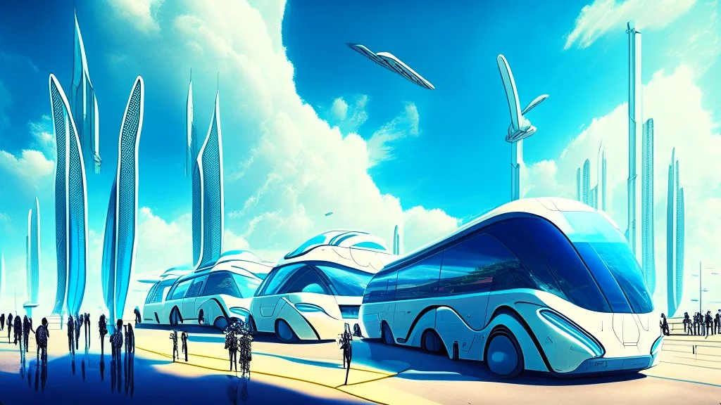 alien bus station, electric buses, with many people waiting, tall buildings in the background, futuristic cars, blue sky, white clouds