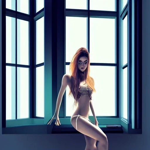 beautiful girl with very nice fashion clothing ,pretty high heels,standing next to window in a luxury room in a modern city posing to camera,full body show, 8k resolution concept art portrait hyperdetailed intricately detailed Splash art trending on Artstation triadic fullbody portrait paint,