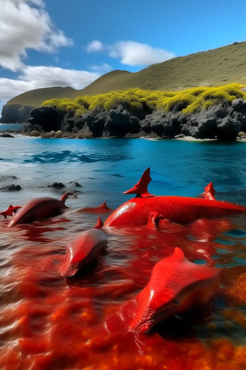 A red volcanic island with dolphins painted by Auguste Rodin