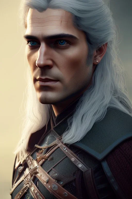 Henry cavil face, long white hair, wearing The witcher 3, realistic, 4k, intricate, best quality, fog particles, fire particles, octane render, vray, sword fire