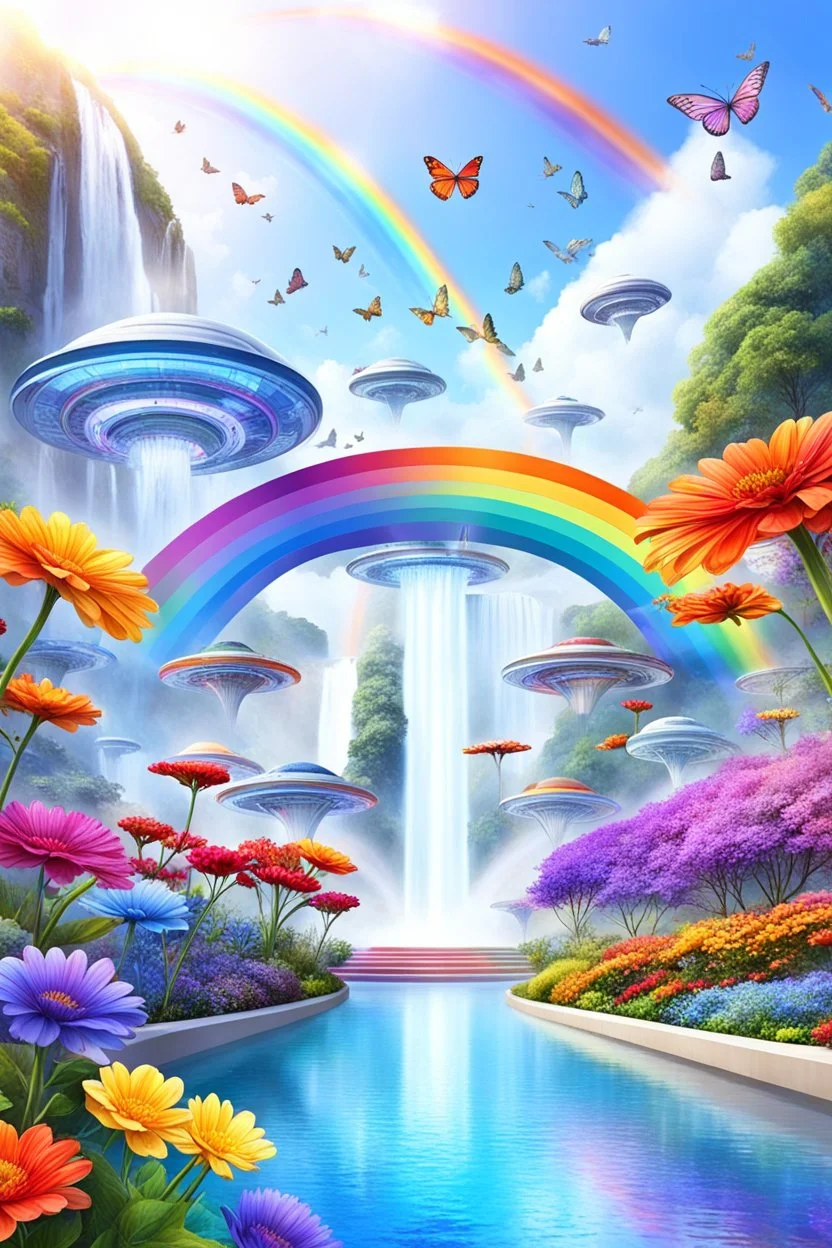 colors, very beautiful, flowers garden,rainbow, cité très futuriste ultra moderne, ufos rainbow, ufos fleet, intergalactic, birds, butterfly, cascades, falls