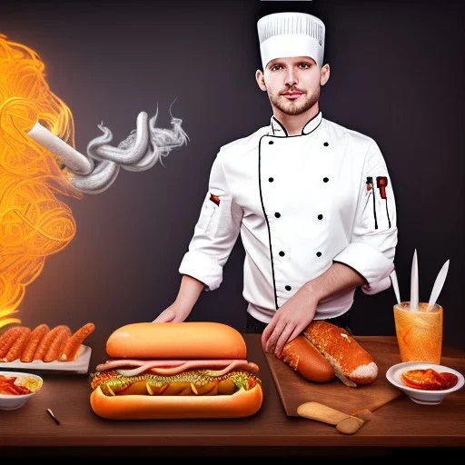  portrait of handsome man with head band and golden watch, behind him another chef in front blurred dark wooden wall, one huge smoking hot dog, shiny fork and knifes on dinner table with cloth, fantasy art book cover