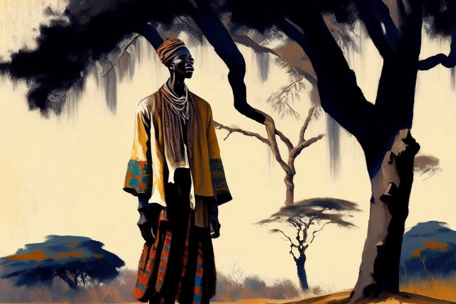 Design, African man, oil painting, featureless, graphic, background, sky, trees, traditional clothes