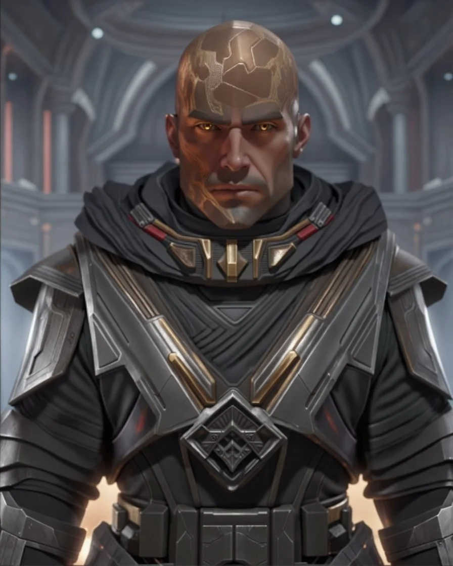 star wars bald male corellian jedi wearing gunmetal grey and black old republic armored flightsuit with gold and metallic red trim inside the jedi temple, centered head and shoulders portrait, hyperdetailed, dynamic lighting, hyperdetailed background, 8k resolution, volumetric lighting, light skin, fully symmetric details