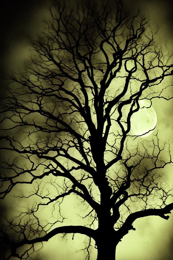 Night, tree leaves, moon, clouds, creepy gothic movies influence, photography