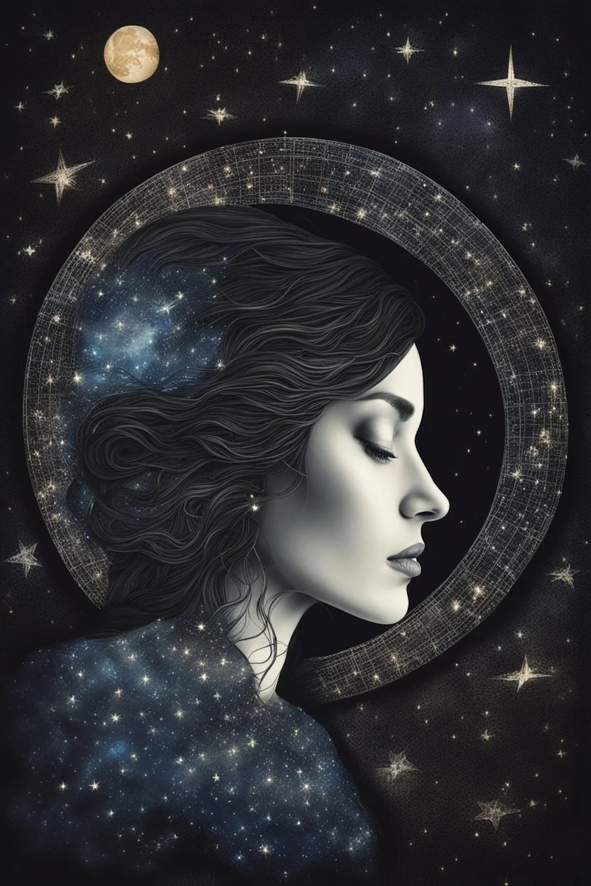 Double exposure of a female person's profile and a utopistic starry night sky, dramatic mood, dark depressive style, highly detailed intricate, surreal, stunning