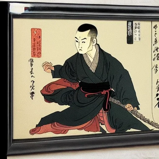 Portrait d'un jeune moine Shaolin, sombre, réaliste, très détaillé, par Hokusai.