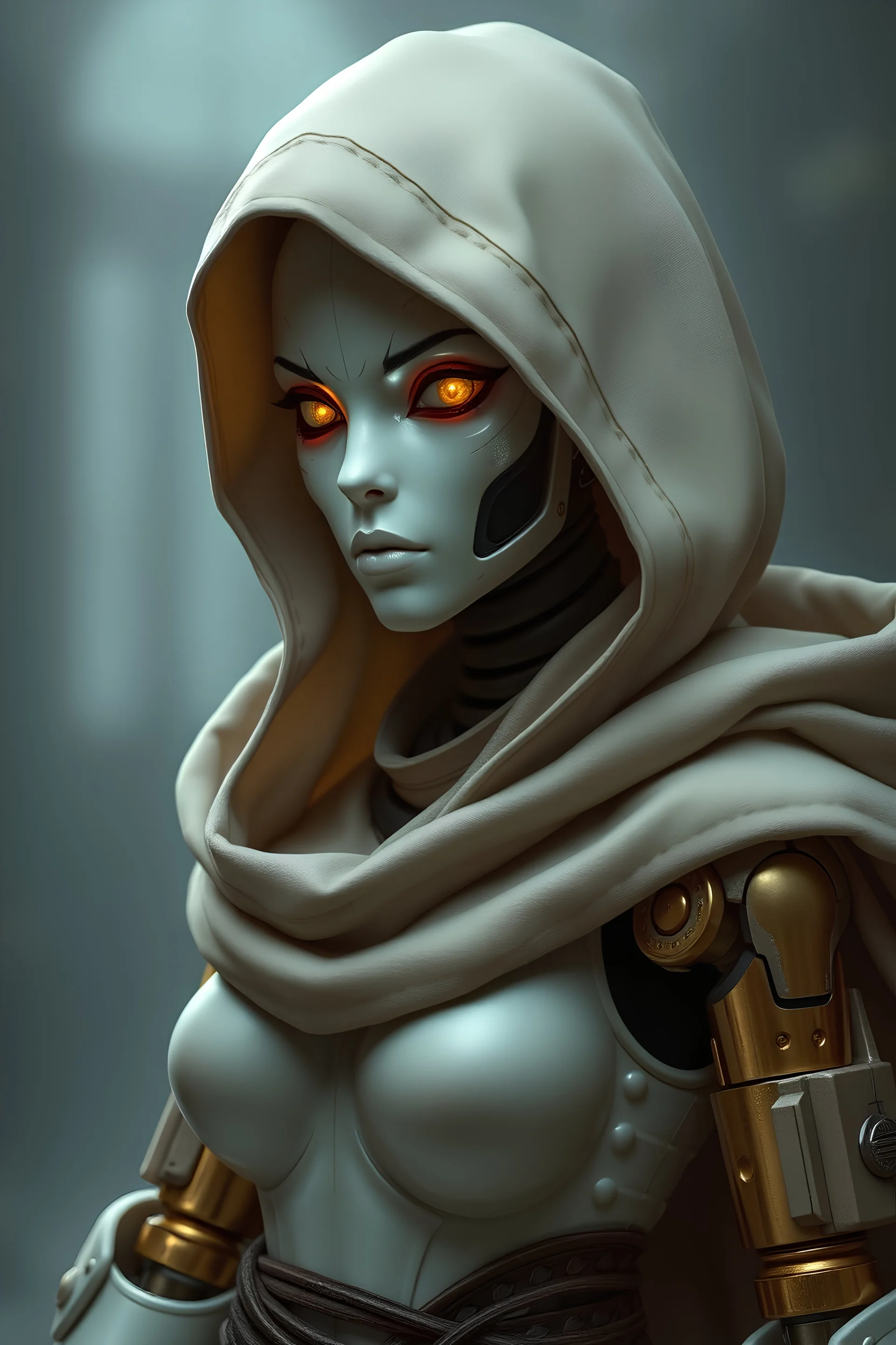 female warforged, porcelain, gold joints, wearing a hooded cloak, with glowing eyes