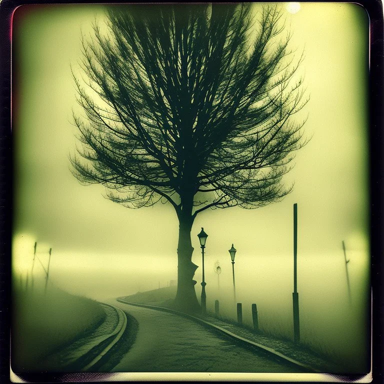 Dark street creepy fog colours strong texture artistic polaroid volumetric light tree nightmare Yves Tanguy