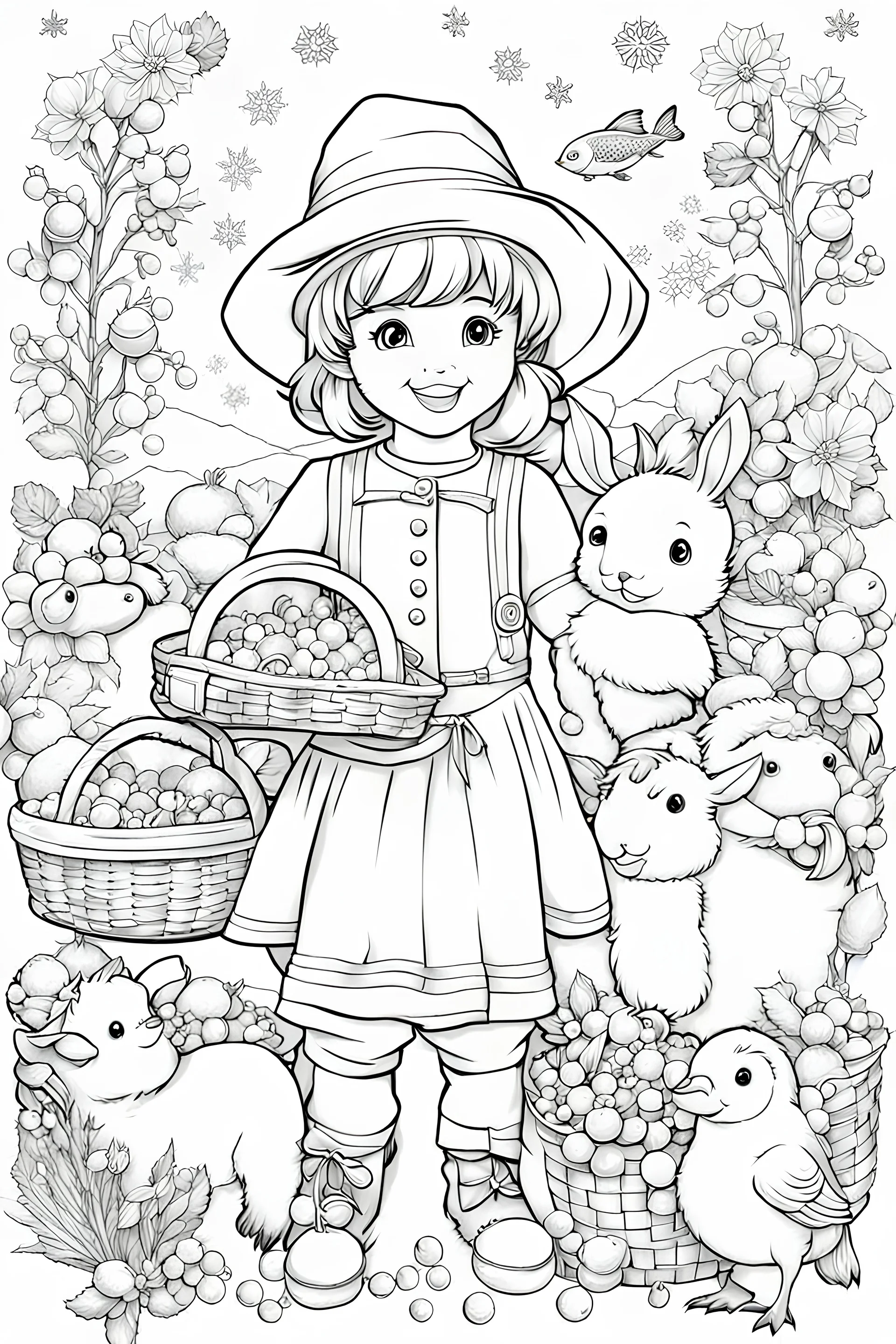 A black and white outline art of a kid's coloring book, Cute farm animals in costumes, outlined for easy coloring of festive attire., outlined with falling snowflakes, outlined on a plain background for easy focus, outlined with baskets of produce around., outlined with a straightforward stream and fish., outlined against a simple backdrop of flowers, white background , sketch style , full body, only use outline, mandala style, clean artpage, , white background, no shadows and clear well outline