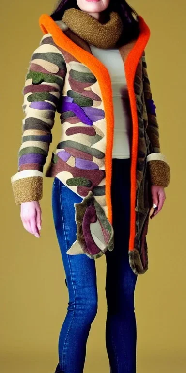 Image shows wholly a Brunette woman. average body type. Mantle is sewed of recycled Denim and sewed together of camouflage pieces. Camouflage colors are orange,terracotta, cream and purple. Cream latex gaiter. More yellow(Munsell)!!!Big bright purple/khaki felt tippet and cream or blue or lilac colored-hood. mantle is merged with satchel. . AKG-style headphones (gold rings!) is merged with small felt cap with small visor. Style: Haute Couture in 1936, Paris fashion in 2023.