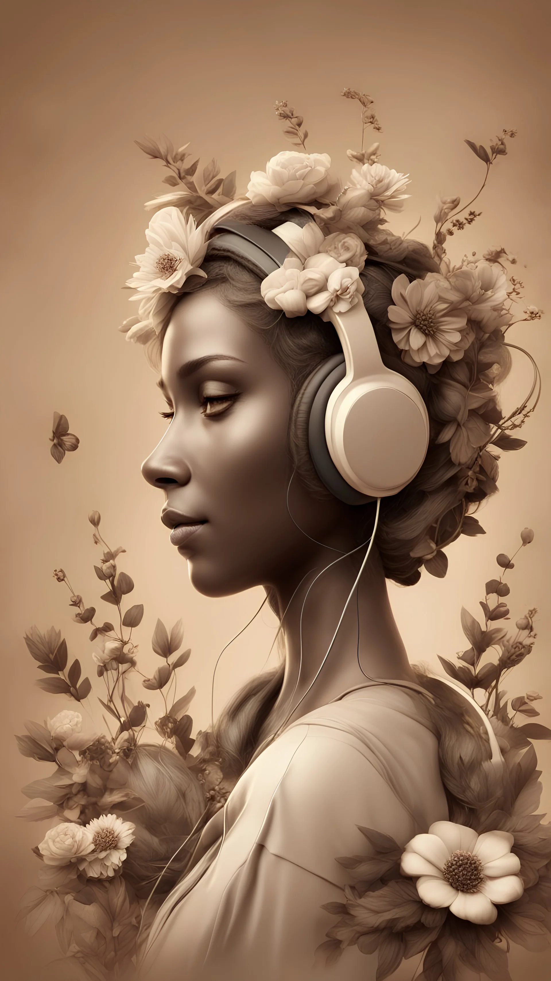 3D illustration of American roots woman with headphones on and a sepia сcolor background with flowers, illustration, smooth 3d digital art, exquisite thee-dimensional rendering, 4K, blender, c4d, octane render , disney style 3d light, Zbrush sculpt, concept art, Zbrush high detail, pinterest Creature Zbrush HD sculpt, neutral lighting, 8k detail