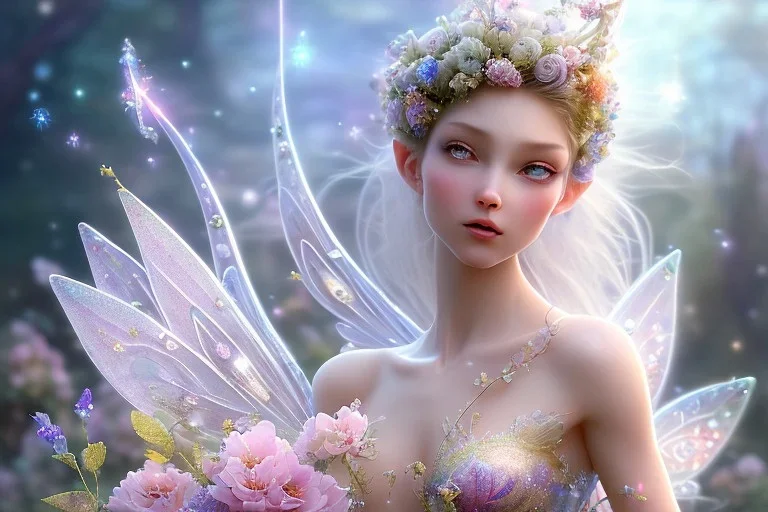 one very little beautiful fairy on a big crystal subtle flower in a galactic ambiance, transparent petals, delicate colors, in the foreground, full of details, smooth, bright sunshine，soft light atmosphere, light effect，vaporwave colorful, concept art, smooth, extremely sharp detail, finely tuned detail, ultra high definition, 8 k, unreal engine 5, ultra sharp focus